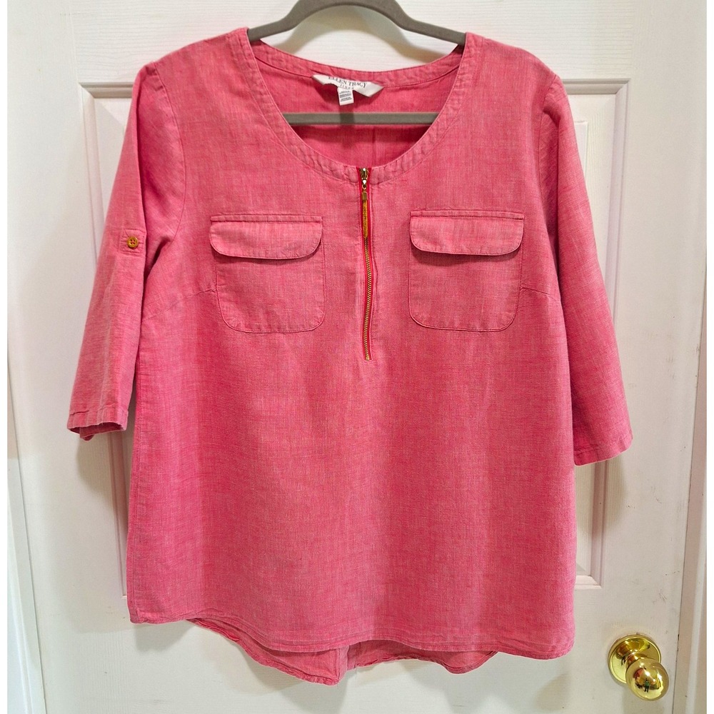 Ellen Tracy Linen Top Womens L Coral Pink Coastal Summer Vacation Resort Tunic
